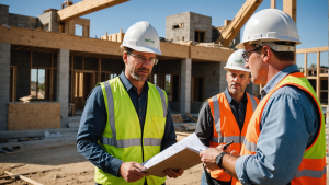 an image of a home construction contractor confidently leading a team, inspecting materials, and communicating clearly with clients on a sunny construction site. Show professionalism, leadership, and attention to detail.