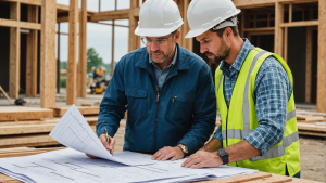 an image of a home construction contractor discussing project timelines and budget with a client, reviewing blueprints, and inspecting materials on a job site.