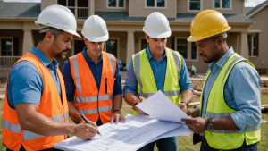 an image of a home construction contractor discussing project details with clients, reviewing blueprints, signing contracts, and inspecting construction progress. Include a diverse group of people in the setting.