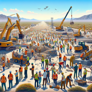 A bustling construction site in a desert landscape with mountains in the background. Numerous workers in orange safety vests and hard hats are actively engaged in various tasks, operating machinery like excavators and cranes. The site extends far into the distance, showcasing a large-scale infrastructure project.