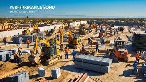 A construction site labeled "Performance Bond, Indio, California" with several pieces of heavy machinery, including excavators and bulldozers, being operated by workers in orange vests. The site is organized with stacked building materials and workers performing tasks across a wide, open area in a desert-like environment.