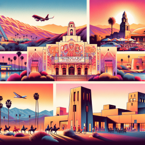 A colorful collage-style illustration featuring iconic locations in Indio, California. It includes scenic depictions of the desert landscape, mountains, palm trees, and landmarks such as a mission-style building, a plane flying over, and other architectural elements that reflect the cultural and natural beauty of the area.