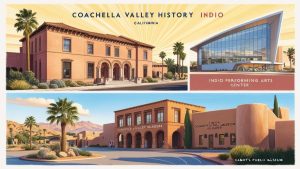 An illustration of Indio’s historical and cultural sites, including the Coachella Valley History Museum, Indio Performing Arts Center, and Cabot's Pueblo Museum. The buildings are set against a scenic desert backdrop with mountains and palm trees, showcasing the rich heritage of Indio, California.