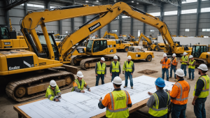 an image showing a team of industrial construction contractors working together on a large-scale project, with heavy machinery, safety gear, and detailed blueprints. Capture the coordination, expertise, and efficiency of the team.