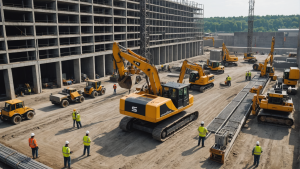 an image showing a busy industrial construction site with workers operating heavy machinery, erecting steel structures, pouring concrete, and assembling pipelines. Include a supervisor inspecting the progress.