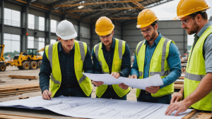 an image showing a diverse team of engineers and construction workers in hard hats reviewing blueprints on a construction site. Include heavy machinery, safety equipment, and a modern industrial building in progress.