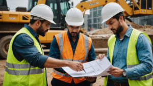 an image of a diverse team of engineers and construction workers collaborating on an industrial project site. Show them reviewing blueprints, operating heavy machinery, and discussing plans.