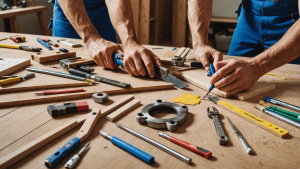 an image showcasing a diverse range of services offered by an interior construction contractor, such as carpentry, flooring installation, plumbing, electrical work, painting, and tile setting. Include tools and materials specific to each service.