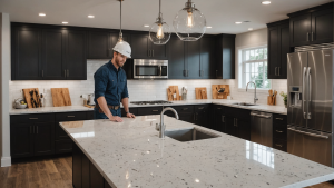 an image showcasing an interior construction contractor overseeing a team installing custom cabinetry in a modern kitchen. Highlight the precision, efficiency, and expertise of the contractors to illustrate the benefits of hiring professionals.