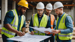 an image of a diverse team of contractors reviewing blueprints, discussing materials, and inspecting a construction site. Show them collaborating and showcasing professionalism in the interior construction industry.