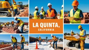 A collage of construction activities in La Quinta, California, featuring workers, machinery, and detailed project plans in progress.