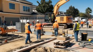 Construction workers building homes in La Quinta, California, highlighting the region's ongoing development and community growth.