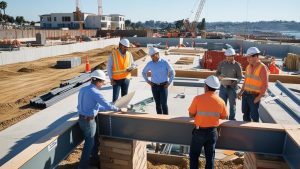 Construction managers and workers in safety gear engaging in a planning discussion at a development site in Lakewood, California, with early construction stages visible.