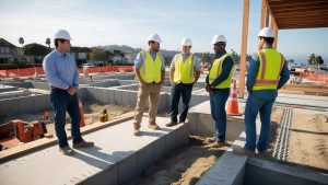 A team of construction professionals discussing project plans at a Lakewood, California construction site, with cranes and building structures in the background.