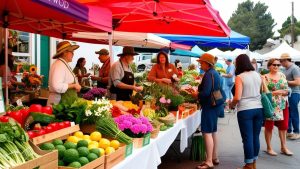 Vibrant Lakewood, California farmers market featuring fresh produce and community members interacting under colorful tents on a sunny day.