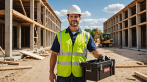 an image of a licensed construction contractor wearing a uniform, with a toolbox, working on a project on a construction site. Show professionalism, quality work, and expertise.