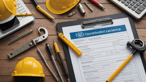 an image of a construction contractor's license with a checklist of qualifications to look for, including certifications, experience, insurance, and references. Include icons representing each qualification.