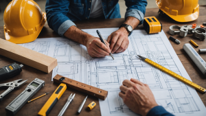 an image of a licensed construction contractor working on a project, showcasing professionalism, precision, and expertise. Include a variety of tools, safety equipment, and a blueprint on a construction site.