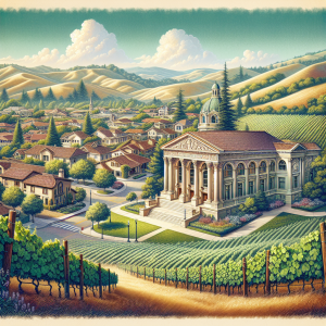 A stylized illustration of Livermore, California, showing a classic government building with columns and dome, surrounded by vineyards and rolling hills under a bright sky.