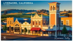 A postcard-style photograph of Livermore, California, featuring the historic Bankhead Theater and neighboring vintage buildings with Livermore Valley vineyards in the background.