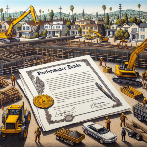 An illustration of a performance bond document, surrounded by construction equipment and workers at a job site, depicting the bond's role in ensuring project completion.