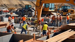 Construction workers in Madera, California actively building a commercial project, with heavy machinery in the background and vibrant teamwork in progress.