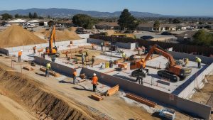 Wide-angle view of a construction site in Madera, California, featuring workers and excavators collaborating on a large-scale building foundation.