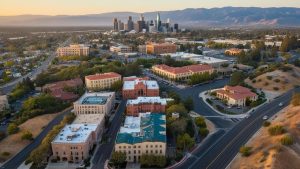 Aerial view of downtown Madera, California at sunset, showcasing city buildings, tree-lined streets, and picturesque mountain views in the distance.