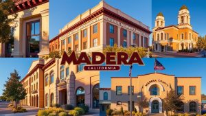 Collage of iconic Madera, California landmarks, including the County Courthouse and other historical architecture bathed in warm sunlight.