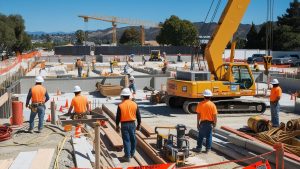 Busy construction project in Martinez, California, showcasing workers in orange vests, heavy machinery, and materials organized on-site with a backdrop of rolling hills.