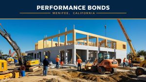 Construction workers and machinery at a building site in Menifee, California, showcasing a partially constructed building framework under a clear blue sky, symbolizing the importance of performance bonds in construction projects.