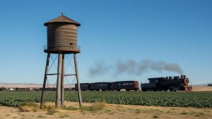 A historic steam train passing by an old wooden water tower against a rural California landscape, illustrating Menifee's connection to California's historical and agricultural roots.