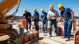 Construction team discussing project plans at a job site in Merced, California, with workers wearing hard hats and holding documents.