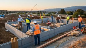 Construction workers at a foundation site in Merced, California, actively building and collaborating under clear skies.