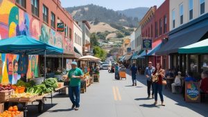 Downtown Merced, California, showcasing colorful murals, local market stalls, and people enjoying a sunny day.