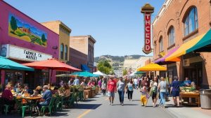 Lively farmer's market scene in downtown Merced, California, with outdoor dining, vibrant umbrellas, and bustling local shops.