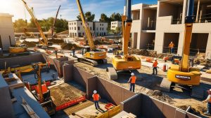 Active construction site in Monrovia, California, featuring heavy equipment and workers constructing modern residential buildings.