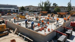 Construction site in Montclair, California, featuring workers in safety gear building concrete foundations with heavy equipment in the background.