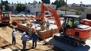 Construction project in Montclair, California, with workers and excavators actively working on a foundation under clear skies.