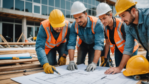 an image showcasing a diverse team of construction workers collaborating on a modern building project. Include various tools, safety gear, and blueprints to highlight the benefits of hiring a new construction contractor.