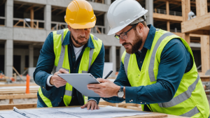 an image of a construction contractor reviewing blueprints with a client, showcasing good communication, attention to detail, and professionalism. The contractor is wearing a hard hat and holding a tablet.