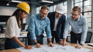 an image of a diverse group of professionals discussing blueprints in a modern office, with a contractor showing samples of materials. Show teamwork, expertise, and collaboration in the construction industry.