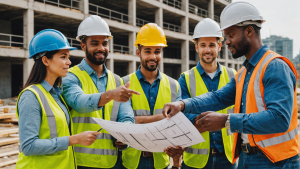 an image showing a diverse team of construction workers wearing hard hats, discussing plans and pointing at blueprints on a construction site. Emphasize teamwork and clear communication.