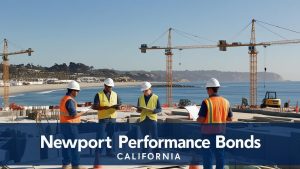 A group of construction professionals discusses project plans at an oceanside site in Newport Beach, California. Contract performance bonds provide security for developments like this.