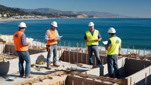 Construction workers in hard hats and vests review documents on a coastal building site with cranes in the background in Newport Beach, California. Performance bonds ensure quality in such large construction projects.