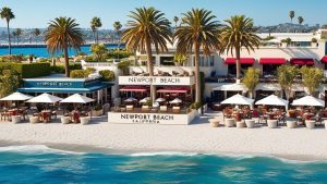 Scenic view of Newport Beach restaurants and outdoor seating areas along the sandy beachfront in California. Contract performance bonds support local infrastructure projects in vibrant locations.