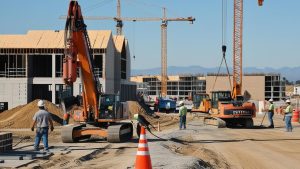 Porterville, California construction site featuring large excavators, cranes, and construction workers on an active commercial building project under clear skies.