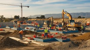 Porterville, California construction workers operating excavators and preparing building foundations at a sunny construction site with mountain views in the background.