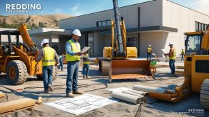 Construction project team and business professionals shaking hands, symbolizing collaboration and partnership in Redding, California's building sector, with a crane and scaffolding in the background.