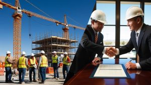 Construction workers in Redding, California reviewing blueprints at an active construction site with heavy machinery, illustrating the growth and development in Redding's construction industry.